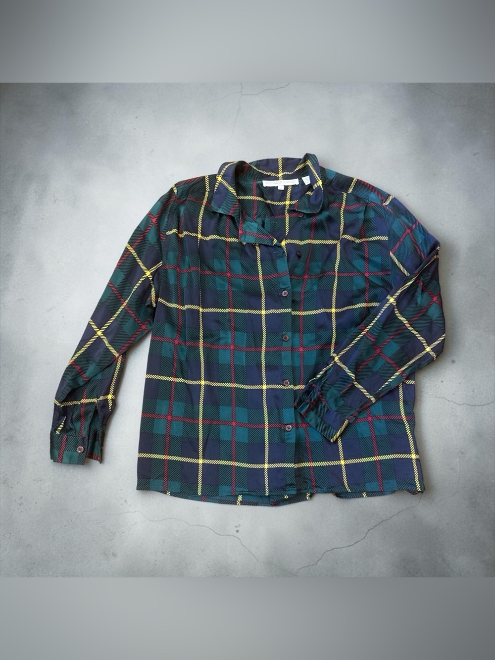 Vintage Preston & York Navy, Green & Yellow Plaid Silk Button-Up